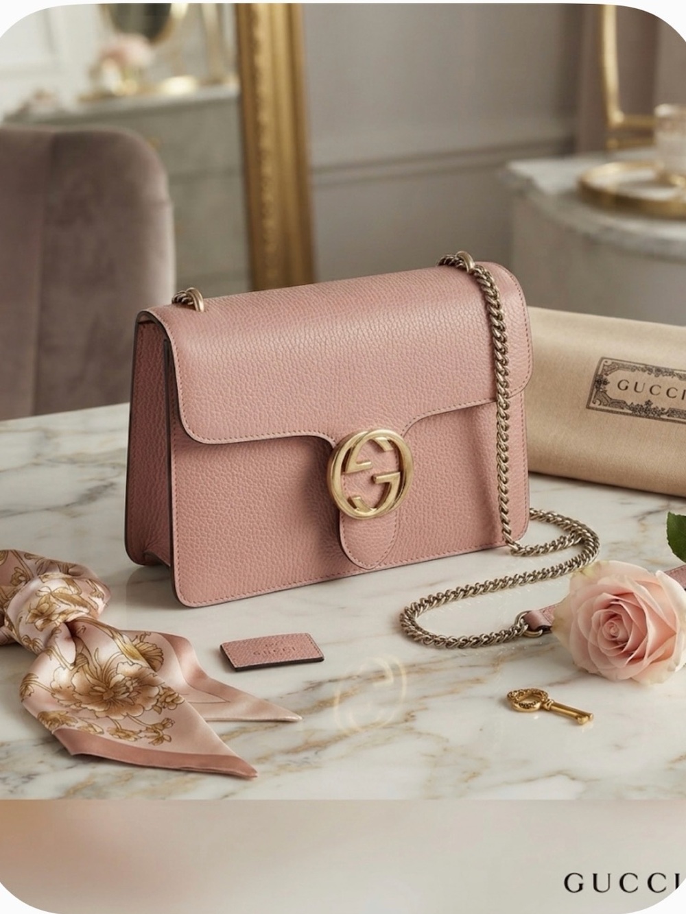 Gucci Pink Pebbled Leather Chain Crossbody Bag with Gold GG